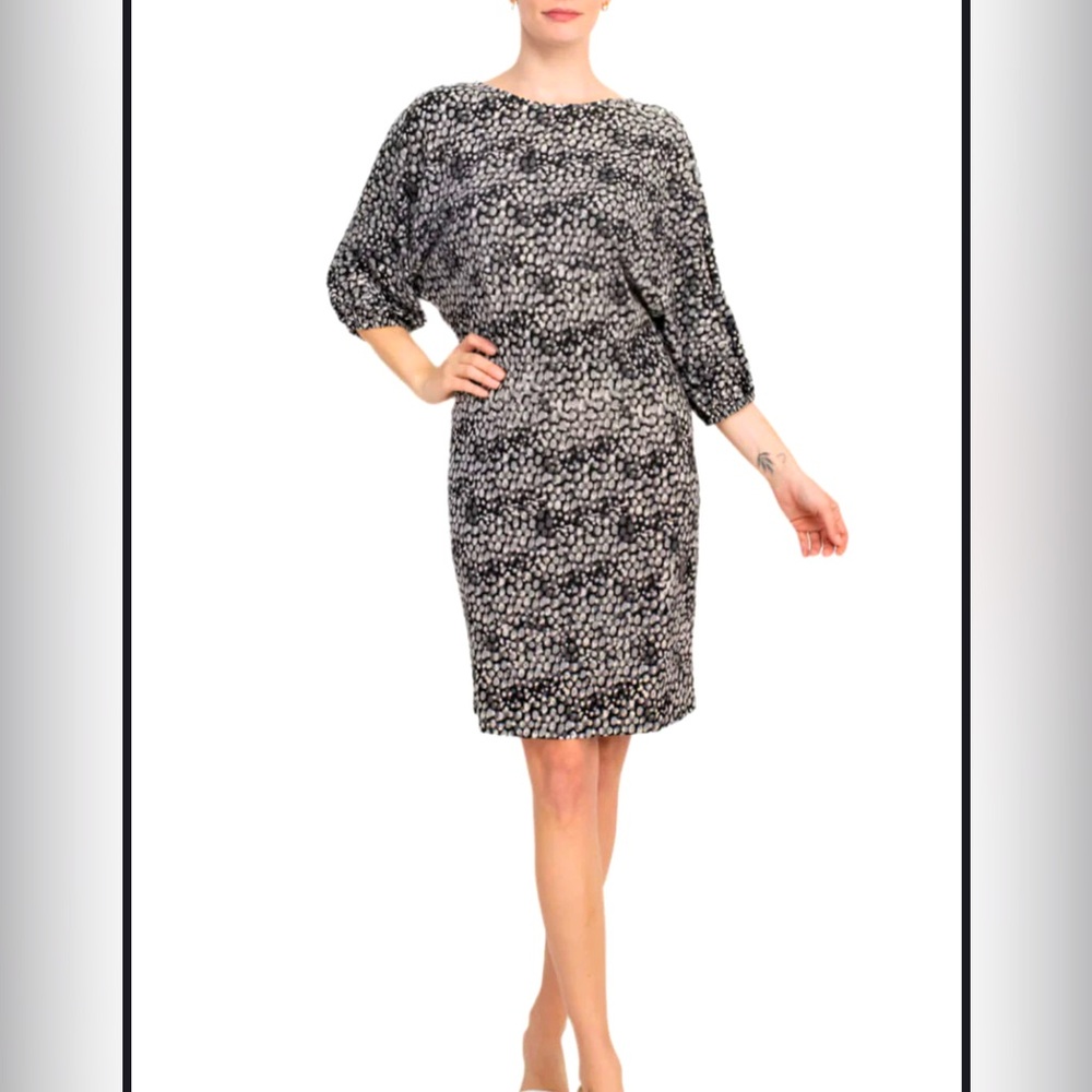 NWT London Times Boat Neck Dolman Cuff 3/4 Sleeve Blouson Multi Print Dress Sz L